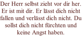Der Herr selbst zieht vor dir her. Er ist mit dir. Er lässt dich nicht fallen und verlässt dich nicht. Du sollst dich nicht fürchten und keine Angst haben.
