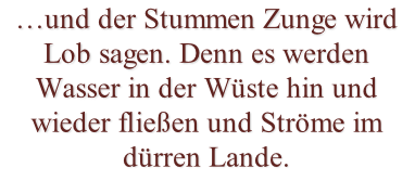 …und der Stummen Zunge wird Lob sagen. Denn es werden Wasser in der Wüste hin und wieder fließen und Ströme im dürren Lande.