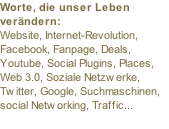 Worte, die unser Leben verändern: Website, Internet-Revolution, Facebook, Fanpage, Deals, Youtube, Social Plugins, Places, Web 3.0, Soziale Netzwerke, Twitter, Google, Suchmaschinen, social Networking, Traffic...